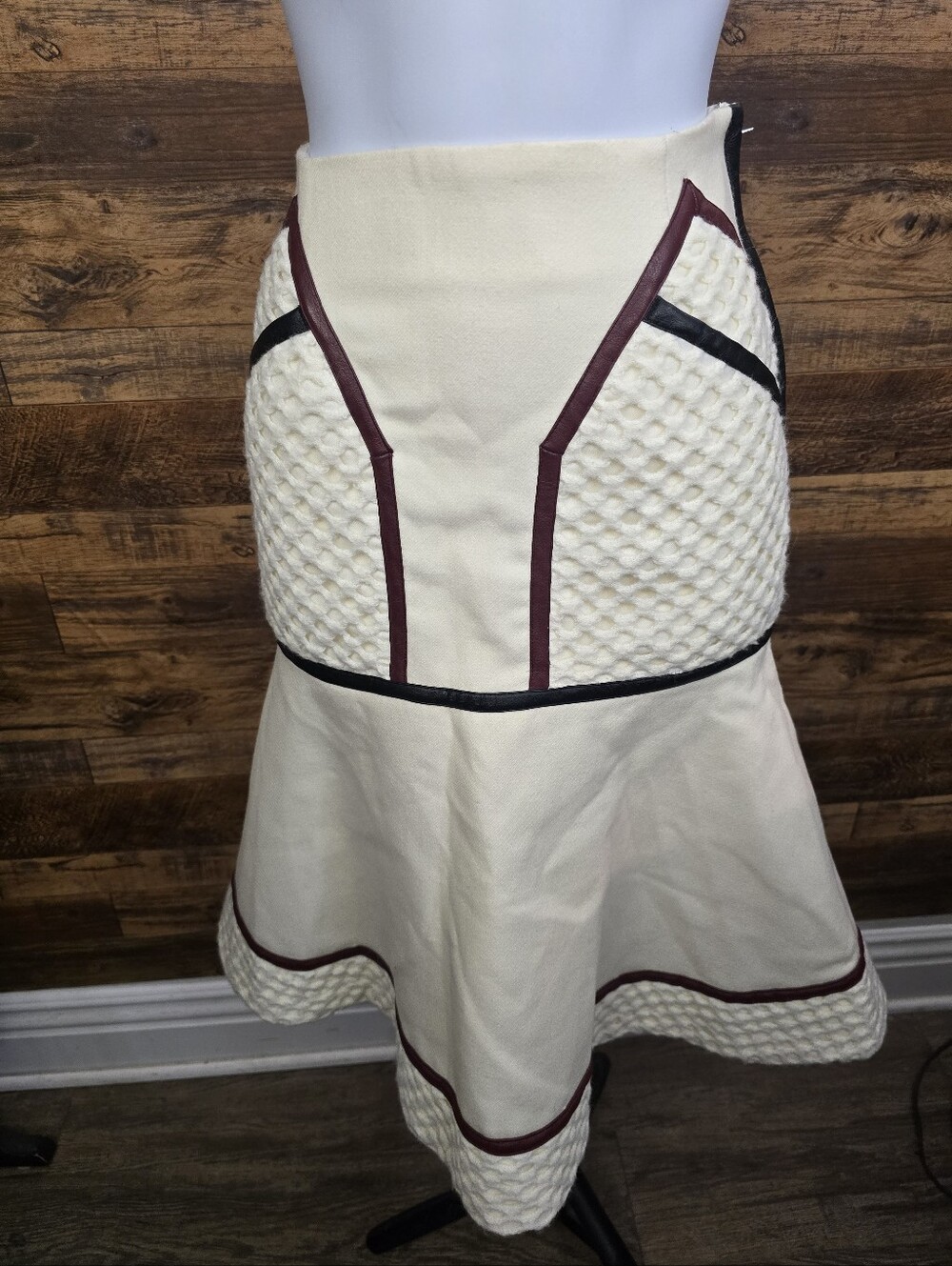 Tsumori Chisato✨️ Cream Flared Midi Skirt with Burgundy and Black Leather Piping